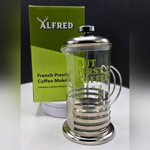 ALFRED French Press Coffee Maker "But First Coffee"  20 oz. NiB